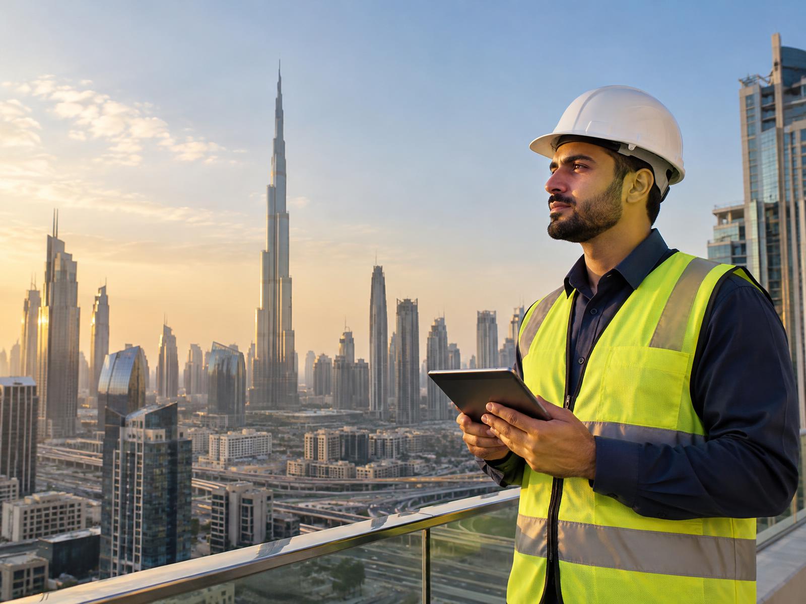 Technical supervisor overlooking the Dubai skyline